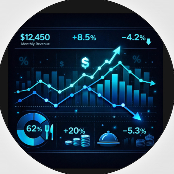 Restaurant performance dashboard showing revenue growth, cost control and profit analysis by FoodOps